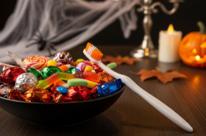 a bowl of sweets with a toothbrush against it and halloween decorations in the background