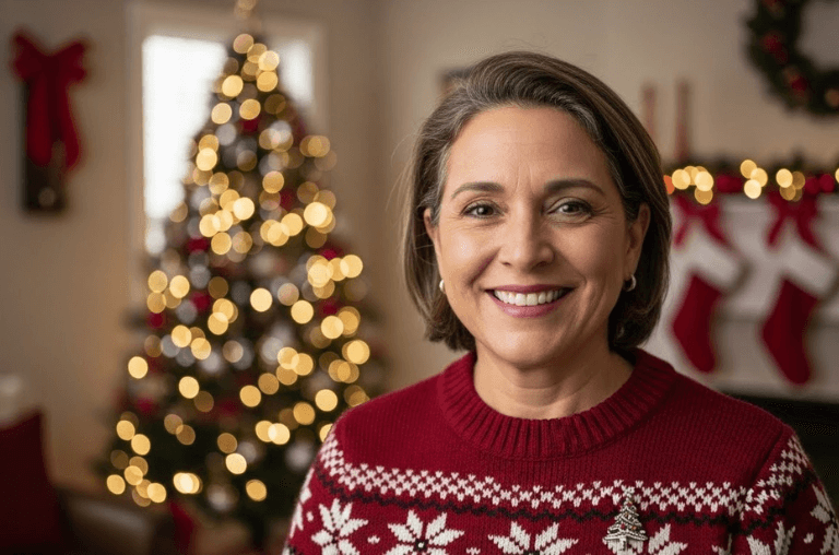woman smiling with healthy gums at christmas